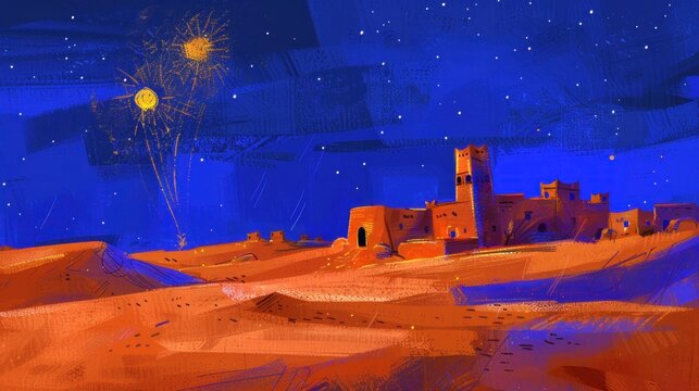 Desert landscape with buildings under starry night sky and fireworks display