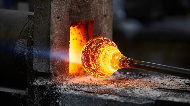 Glassblowing artist shapes molten glass into beautiful creations at a working studio
