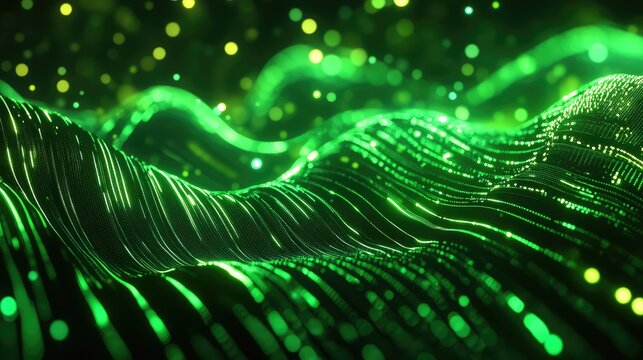 Wavy glowing green digital data flowing abstract network - Powered by Adobe