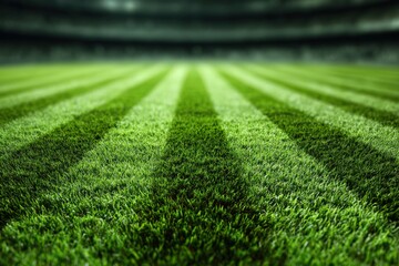 Lush green grass field with distinct stripes, showcasing a well-maintained sports surface, illuminated by stadium lights, creating a vibrant atmosphere for athletic events and competitions
