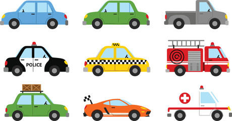 Colorful collection of cartoon vehicle illustrations featuring cars, taxi, police, ambulance, fire truck, race car and pickup truck for design projects © CreativeArtist