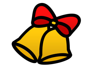 Two gold christmas bells with a red bow on a black background festive holiday season decoration