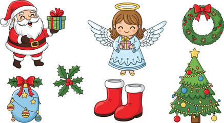 Christmas cartoon illustration set with Santa, angel, decorated tree, festive wreath, holly, ornaments, boots, and colorful holiday celebration elements