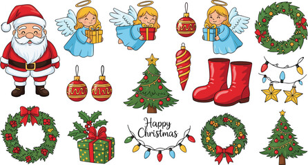 Christmas cartoon illustration bundle with Santa, angels, decorated trees, festive wreaths, ornaments, gifts, lights, and holiday celebration elements © CreativeArtist
