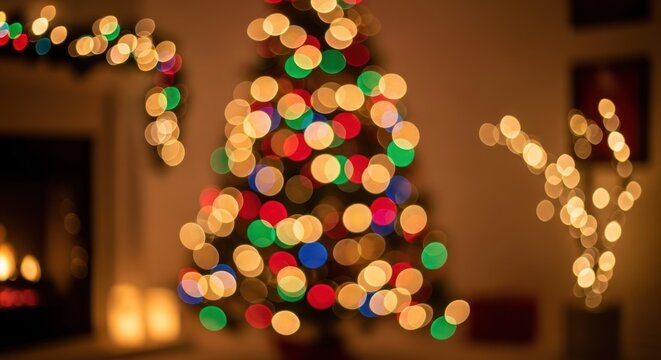 A festive Christmas tree with colorful lights and ornaments in a cozy living room.