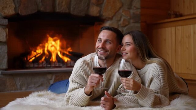 Happy caucasian couple lounging by a stone fireplace in a wooden alpine chalet, concept of cozy intimacy and apres-ski relaxation