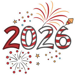 Celebrate the new year 2026 with colorful fireworks, a fun and festive design isolated on, perfect for greeting cards, invitations, and party decorations