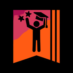 A symbolic graduation banner with a graduate holding a cap and stars, representing academic achievement and the celebration of educational milestones and success