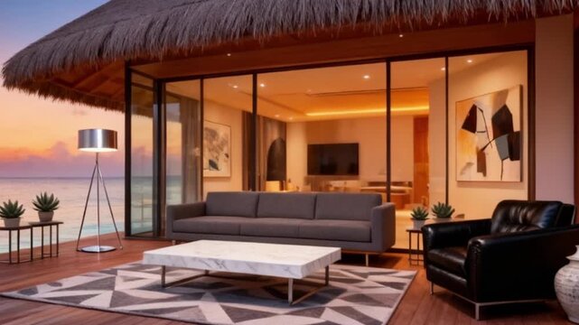 A luxurious overwater bungalow showcasing modern furniture, a comfortable sofa, stylish coffee table, and a beautiful sunset view. Perfect for travel, vacation, and interior design related projects.	