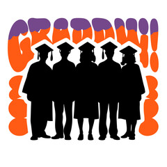 A group of graduates stand together in their caps and gowns, celebrating their achievement, with the word grads in the background isolated on