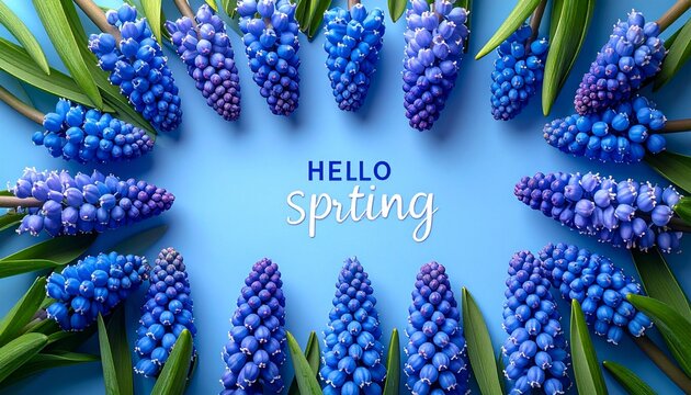 4k zoom in out HELLO SPRING Postcard layout. Flat lay, top view. Blue hyacinths i
