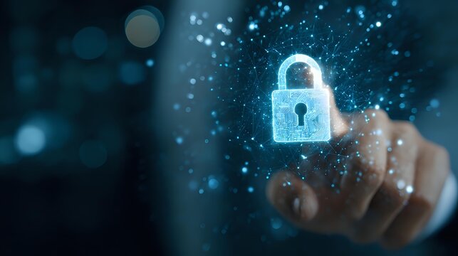 Finger touching a digital padlock representing cybersecurity and data protection for online safety and privacy