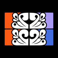 A symmetrical, decorative design featuring stylized floral elements in white, arranged in a mirrored pattern against horizontally stacked bands of orange, purple, and blue on a
