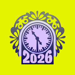 Countdown to 2026 a stylized clock face with floral accents marks the passage of time, anticipating the arrival of the new year on a vibrant yellow backdrop