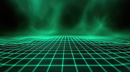 Green glowing grid creating virtual reality background