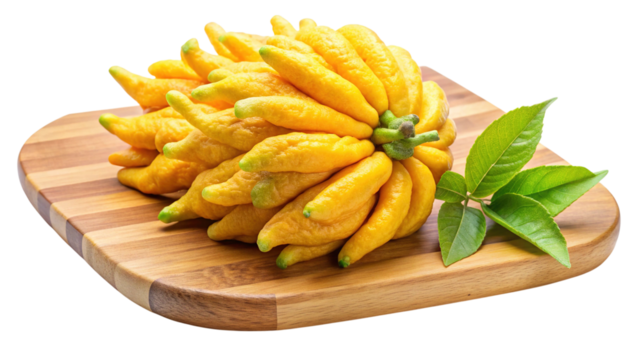Buddha's hand citron fruit with green leaves on a wood board