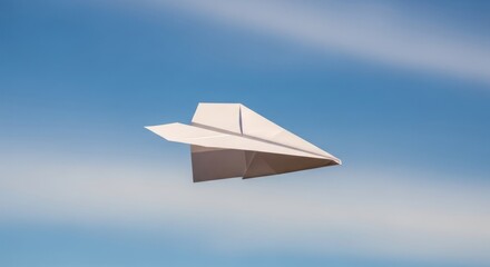 A white paper airplane flying against a blue sky with some clouds.