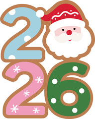 Christmas Gingerbread style 2026 holiday numbers illustration.
2026 candy and Santa Claus Head numbers vector.
2026 cookie numbers clipart.
Transparent background. SVG.