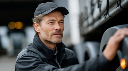 Experienced truck driver inspecting his rig before departure, carefully checking tire pressure, lights, and cargo security — a detailed, professional image emphasizing road safety, responsibility,