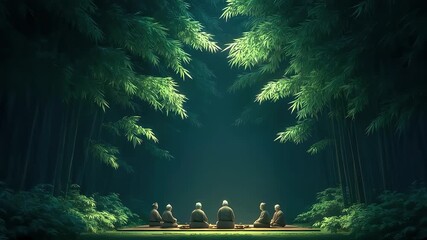 Scholars in Tang Dynasty sitting and talking in bamboo forest