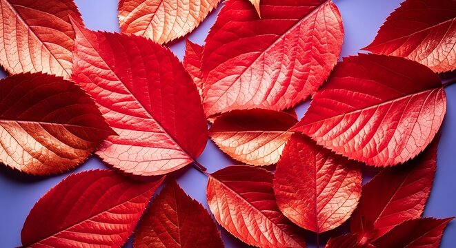 A vibrant display of red cherry leaves arranged on a blue surface, creating a visually striking and colorful composition