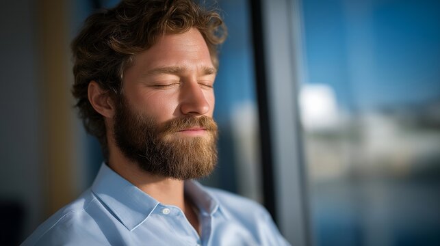 Close-up of tech executive’s calm face reflected in glass as futuristic data visualizations flicker — representing mindful leadership in digital transformation, emotional intelligence in