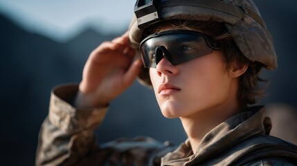 Close-up of soldier adjusting targeting parameters on an AR overlay showing real-time missile guidance and drone positions, highlighting precision defense technology, immersive simulation, and