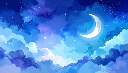 night sky with moon, moon and stars, moon and clouds, 