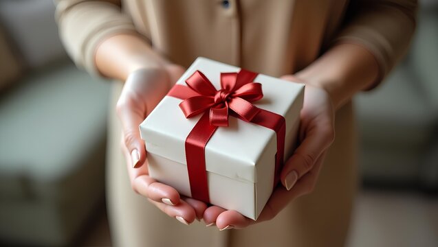 elegant hands presenting a beautifully wrapped gift box with a luxurious ribbon and bow, conveying a warm holiday thank you vibe