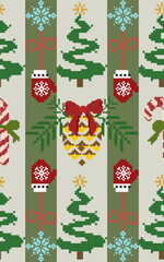 A festive, pixel-art pattern featuring Christmas trees, ornaments, candy canes, and mittens in a cheerful holiday design.