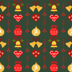 A festive pattern featuring Christmas bells, hearts, ornaments, and ribbons in vibrant colors against a dark green background.