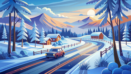 A frosty countryside road blanketed in snow as a single car drives through the cold air, creating a serene winter travel moment with soft light and clear space for text placement