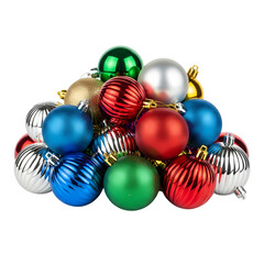 Colorful christmas ornaments in a pile ready for decorating a festive christmas tree on transparent background