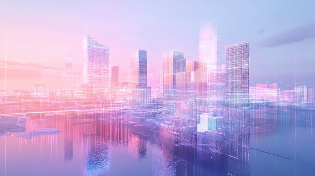 Futuristic cityscape rendering glowing with digital wireframe grid - Powered by Adobe
