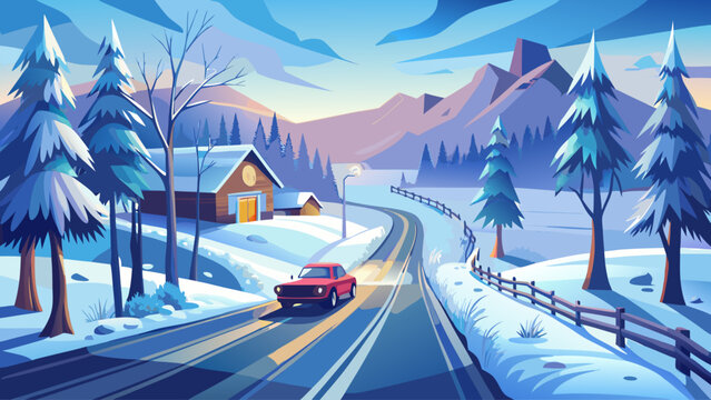 A frosty countryside road blanketed in snow as a single car drives through the cold air, creating a serene winter travel moment with soft light and clear space for text placement