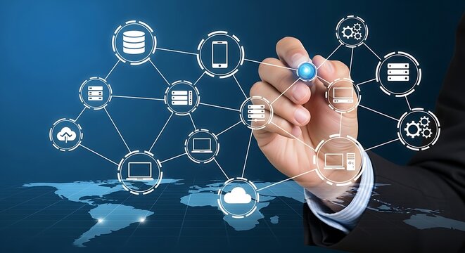 Global network connection concept with hand drawing on virtual screen