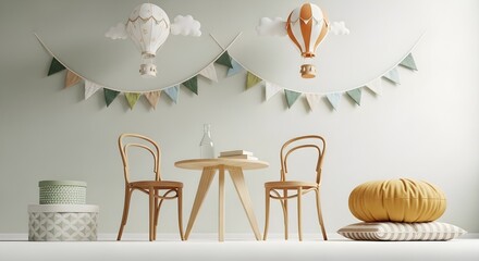 Whimsical child's room design with hot air balloons and bunting