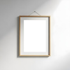 Empty wooden frame mockup on white wall with natural light