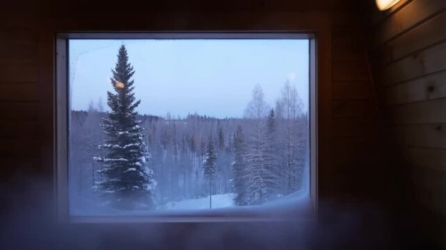 Shot from inside a wood-fired sauna looking out at a frozen pine forest from a chalet in winter twilight, concept of rustic wellness and contrast
