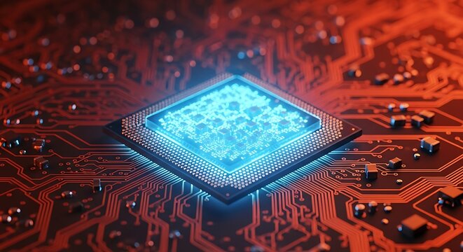 Closeup of a glowing blue computer processor chip on a red circuit board with intricate pathways
