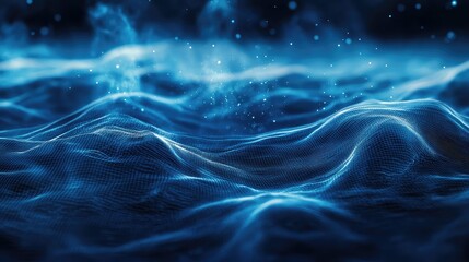 Digital network grid wave with glowing particles