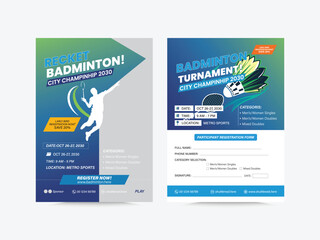 Badminton tournament poster template and tournament Registration Form,  Badminton championship promo poster realistic template
