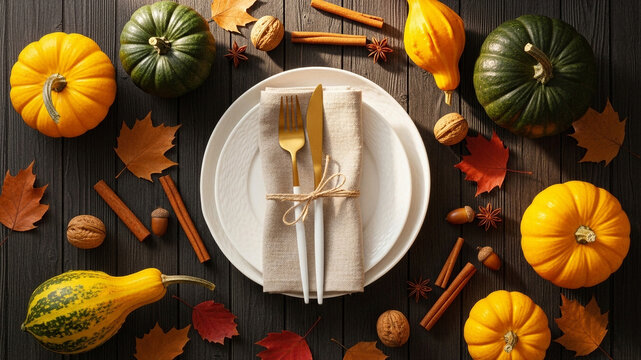 Festive autumn dinner arrangement featuring pumpkins, nuts, cinnamon and rustic tableware on wooden surface