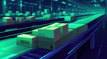 Parcels moving on automated conveyor belts in smart warehouse