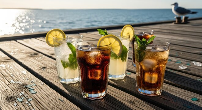 Four glasses of iced tea with lemon slices and mint leaves on a wooden dock by the sea.