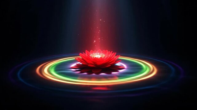 Lotus flower with glowing neon circles and light beam. Peaceful spiritual meditation concept. Calm zen footage.