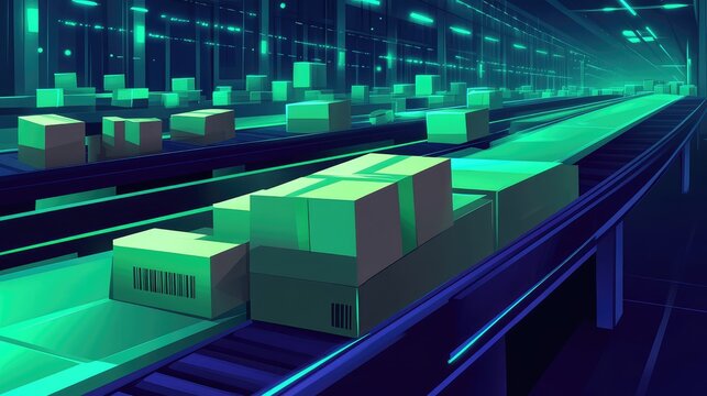 Parcels moving on automated conveyor belts in smart warehouse