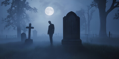 Silhouette of zombie in foggy graveyard at night with full moon