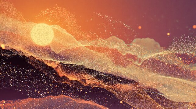 Glowing particles forming abstract mountain landscape at sunset