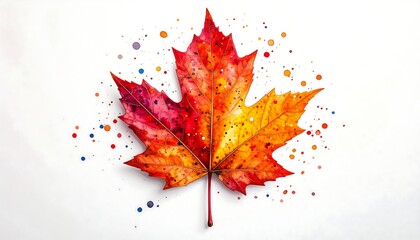 Autumn maple leaf with colorful paint dots on pastel background